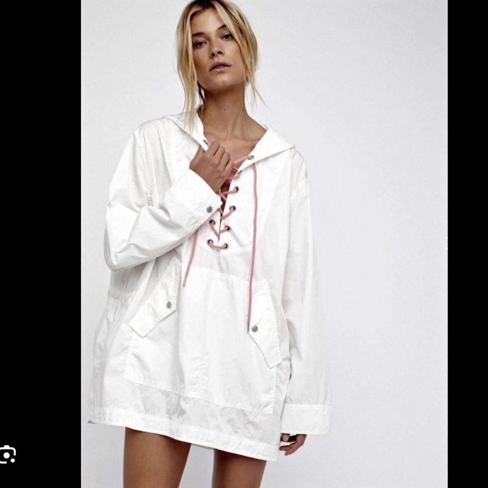 Free People Poplin Lace Up Pullover Jacket White Pink Sz XS/S